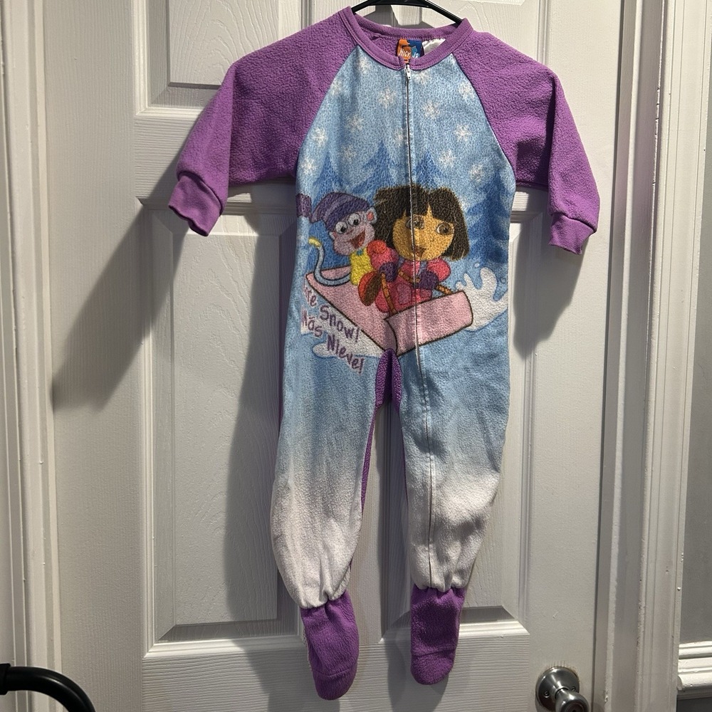 Vintage Dora The Explorer & Boots Fleece Footie Pajamas One Piece Size 4T Purple